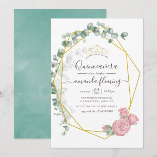 Invitation Eucalyptus Rose géométrique Quinceañera