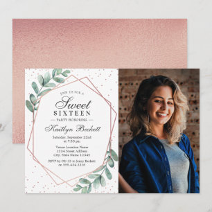 Invitation Eucalyptus Rose Gold Sweet sixteen géométrique Pho