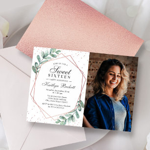 Invitation Eucalyptus Rose Gold Sweet sixteen géométrique Pho