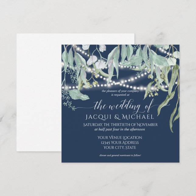 Invitation Eucalyptus Rustic Winery Marine String Mariage (Devant / Derrière)