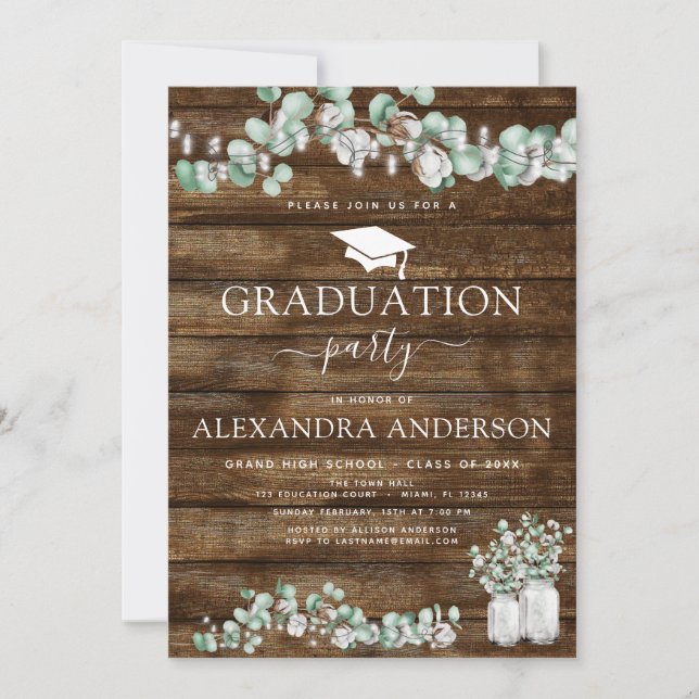 Invitation Eucalyptus Rustic Wood Graduation Party 2023 (Devant)