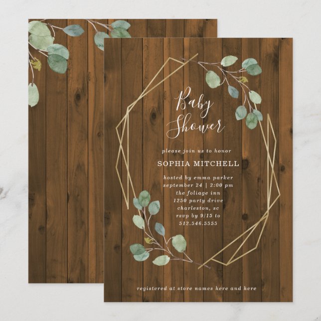 Invitation Eucalyptus rustique | Baby shower géométrique (Devant / Derrière)