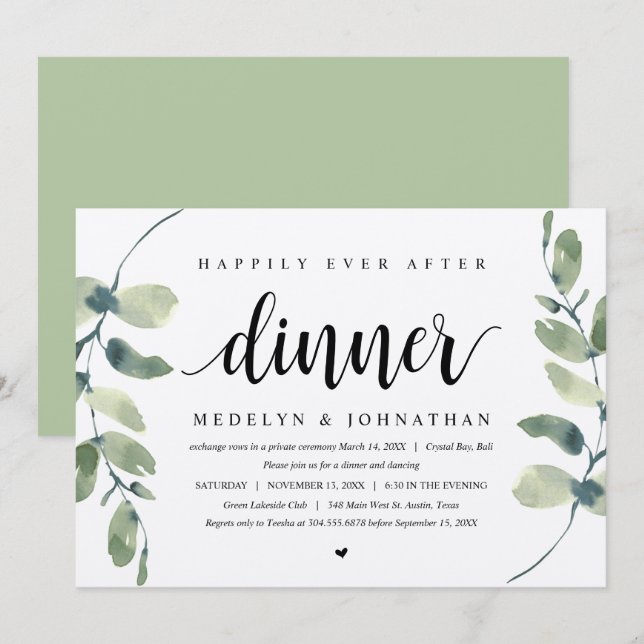 Invitation Eucalyptus rustique, dîner de mariage en fuite (Devant / Derrière)