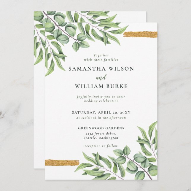 Invitation Eucalyptus rustique Verdure Mariage succulent (Devant / Derrière)