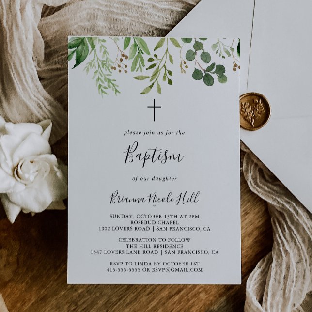 Invitation Eucalyptus Simple Brown floral Baptême (Créateur téléchargé)
