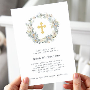 Invitation Eucalyptus simple   Faux Gold Cross Baptism