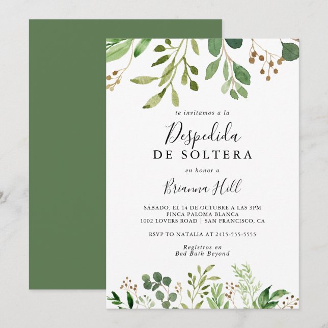 Invitation Eucalyptus Simple Floral Fête des mariées espagnol (Devant / Derrière)