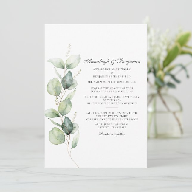 Invitation Eucalyptus Succulent Aquarelle Mariage botanique (Debout devant)