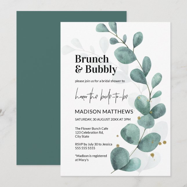 Invitation Eucalyptus verdoyant Brunch & Fête des mariées Bub (Devant / Derrière)