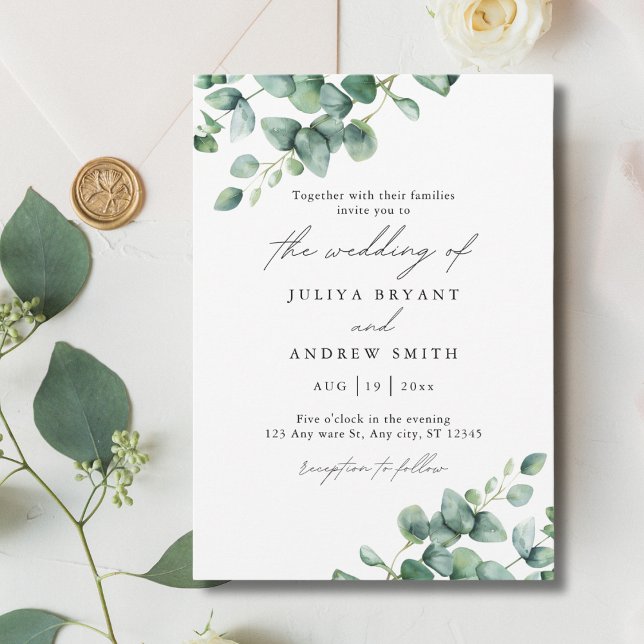 Invitation Eucalyptus verdoyant en écriture blanche mariage (Créateur téléchargé)
