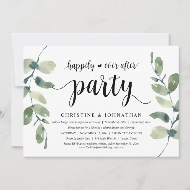 Invitation Eucalyptus verdoyant, Encre noire, Elopement Maria (Devant)
