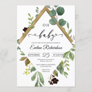 Invitation Eucalyptus verdoyants et feuille d'or bébé moderne