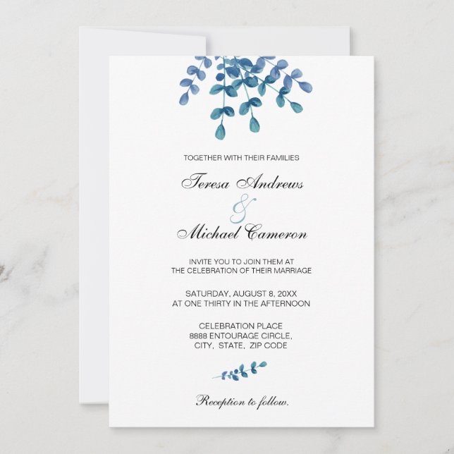 Invitation Eucalyptus Verdure Aquarelle Chic Mariage (Devant)