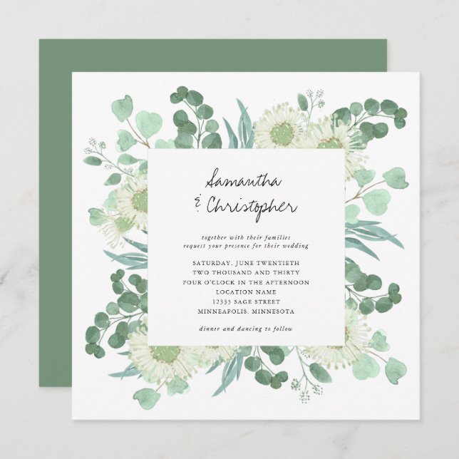 Invitation Eucalyptus Verdure Aquarelle Fleurs Mariage (Devant / Derrière)