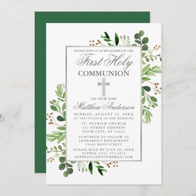 Invitation Eucalyptus Verdure Argent Première communion (Devant / Derrière)
