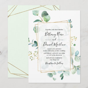 Invitation Eucalyptus Verdure avec Mariage de cadre géométriq