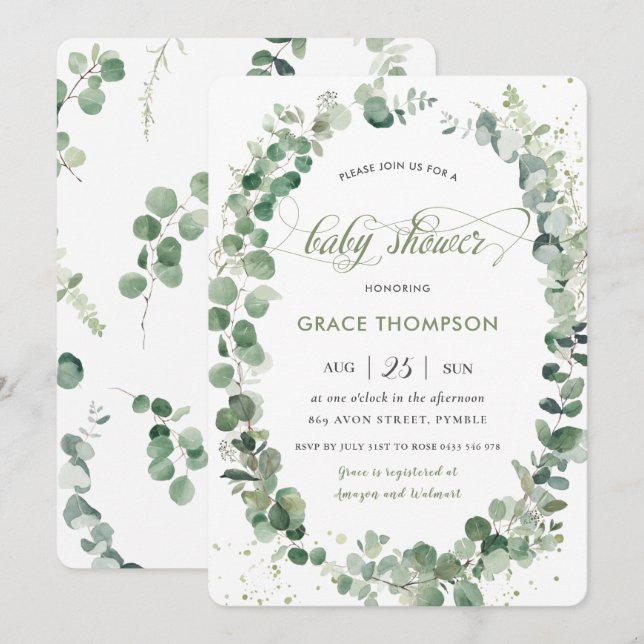 Invitation Eucalyptus verdure Baby shower neutre genre (Devant / Derrière)