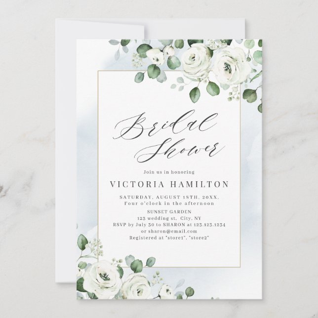 Invitation Eucalyptus verdure blanc fleuri nuptiale douche (Devant)