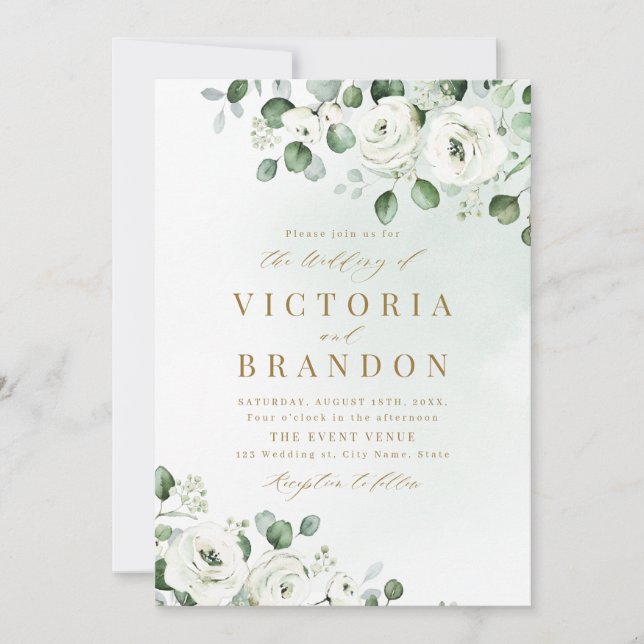 Invitation Eucalyptus verdure blanc fleuri rustique mariage (Devant)