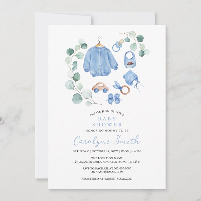 Invitation Eucalyptus Verdure Boho Vêtements Baby shower garç (Devant)