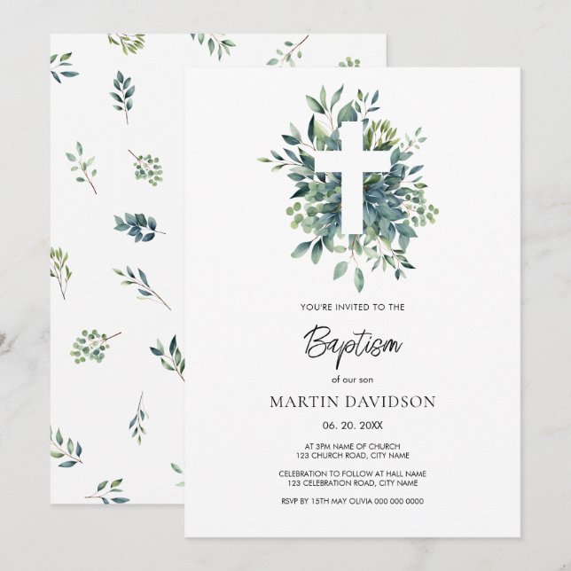 Invitation Eucalyptus verdure botanique Baptême Christening (Devant / Derrière)