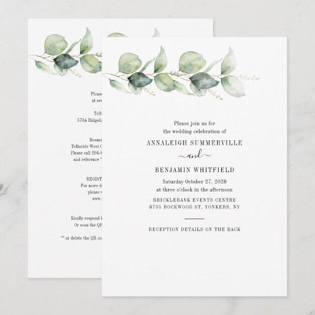 Invitation Eucalyptus Verdure Botanique Tout en un Mariage (Devant / Derrière)