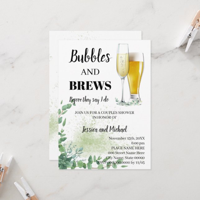 Invitation Eucalyptus Verdure Bubble & Brews Couples Douche (Devant/Arrière en situation)