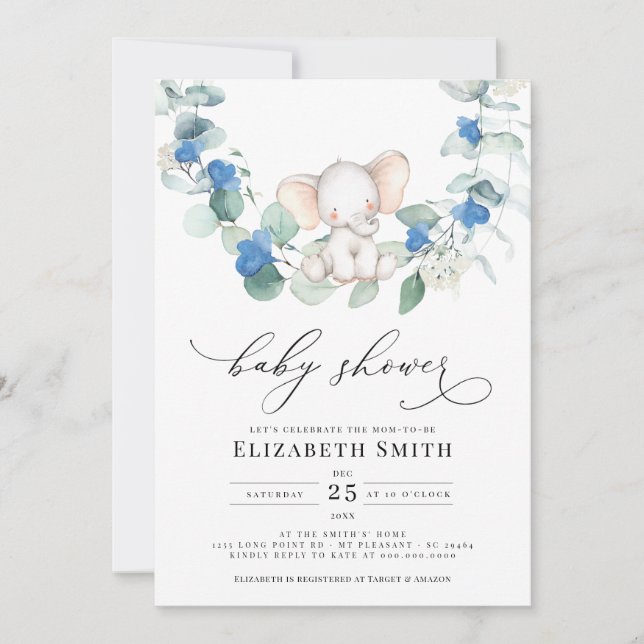 Invitation Eucalyptus verdure Elephant Bleu bébé garçon douch (Devant)