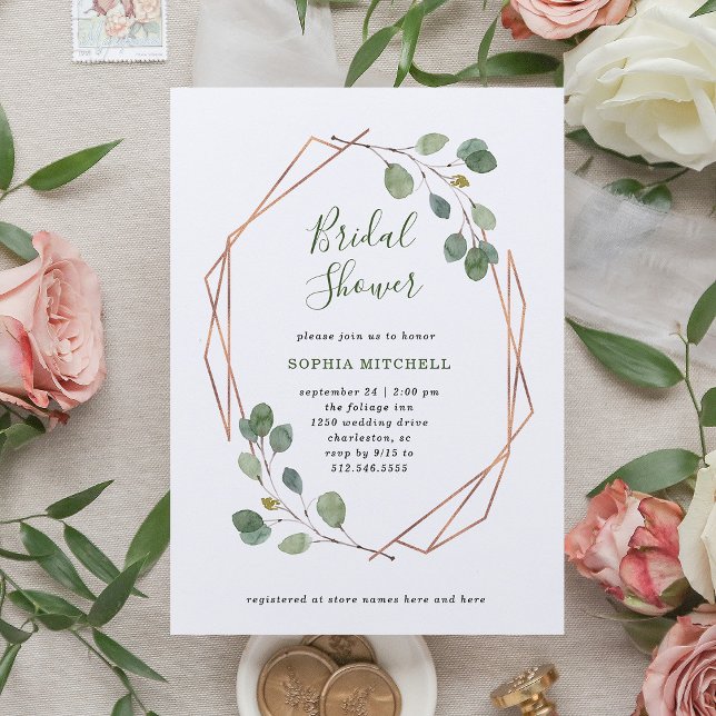 Invitation Eucalyptus verdure | Fête des mariées Rose Gold Ge (Créateur téléchargé)
