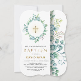 Invitation Eucalyptus verdure Gold Cross Boy Baptême garçon