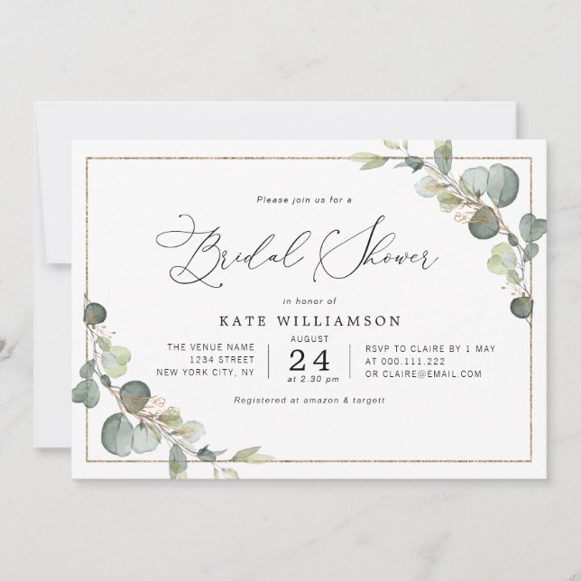 Invitation eucalyptus verdure lettrage douche nuptiale (Devant)