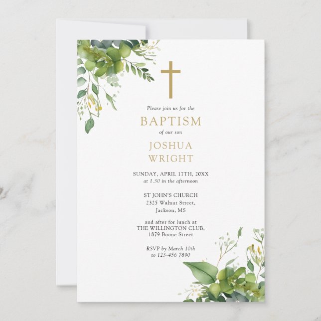 Invitation Eucalyptus Verdure Monogramme Baptême Christening (Devant)