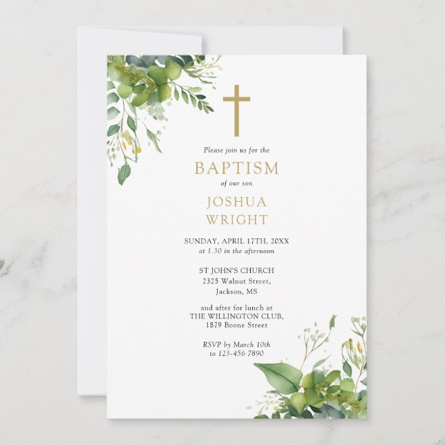 Invitation Eucalyptus Verdure Monogramme Baptême Christening (Devant)