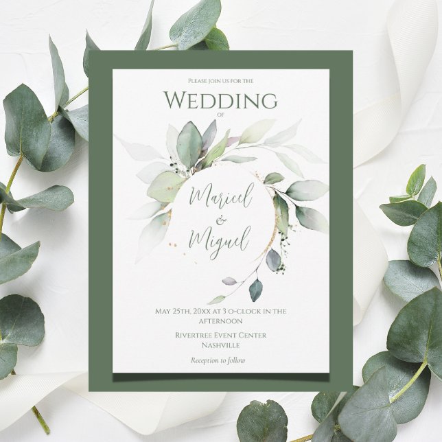 Invitation Eucalyptus Verdure or Aquarelle Mariage moderne (Créateur téléchargé)