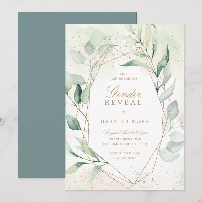 Invitation Eucalyptus Verdure or Géométrique Genre Révélation (Devant / Derrière)