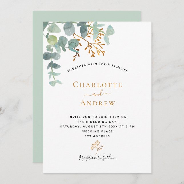 Invitation Eucalyptus verdure or moderne mariage élégant mode (Devant / Derrière)