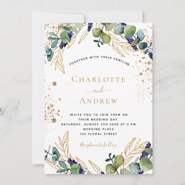 Invitation Eucalyptus verdure or parties scintillant mariage  (Devant)
