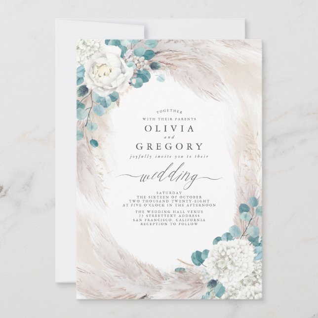 Invitation Eucalyptus Verdure Pampas Grass Mariage exotique (Devant)