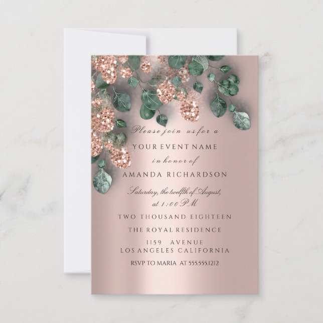 Invitation Eucalyptus Verdure Rose Pailleté Feuilles Rustique (Devant)