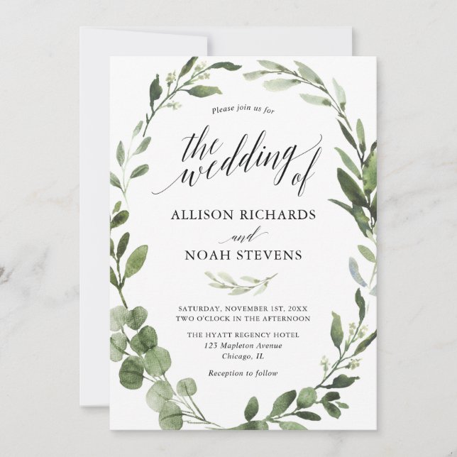 Invitation Eucalyptus verdure simple mariage élégant (Devant)