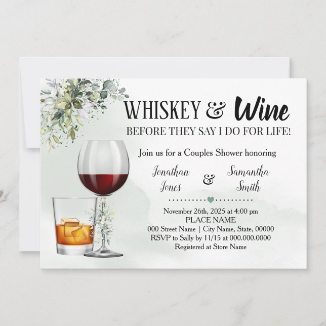 Invitation Eucalyptus verdure whiskey & vin couples douche (Devant)