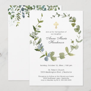 Invitation Eucalyptus Verdure Wreath Cross Baptême
