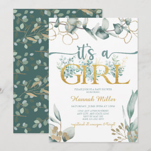 Invitation Eucalyptus vert   Aquarelle Baby shower fille