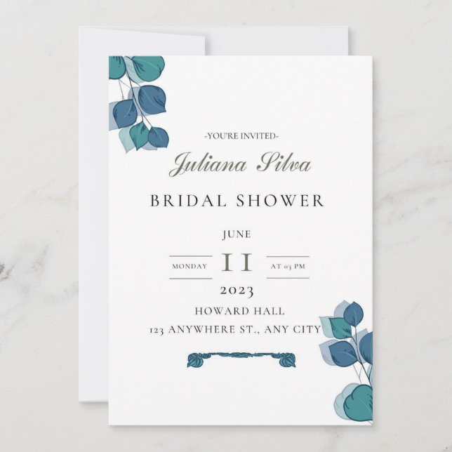 Invitation Eucalyptus vert bleu feuille élégant rustique (Devant)