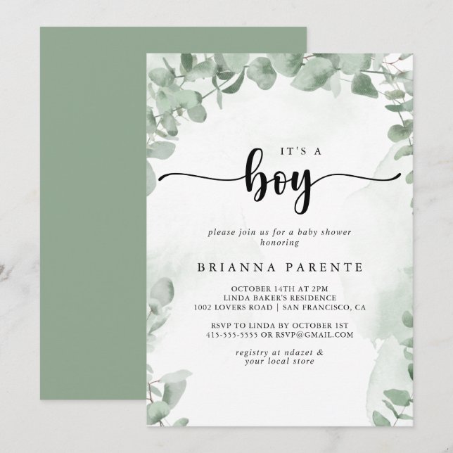 Invitation Eucalyptus vert classique C'est un Baby shower gar (Devant / Derrière)