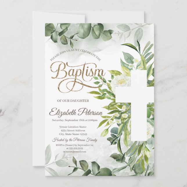 Invitation Eucalyptus Vert Croix florale Baptême (Devant)
