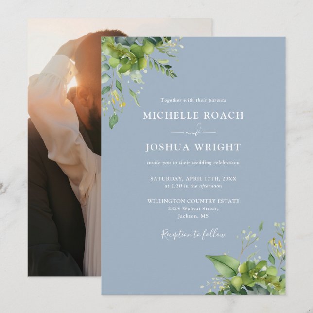 Invitation Eucalyptus Vert Dusty Blue Photo Mariage (Devant / Derrière)