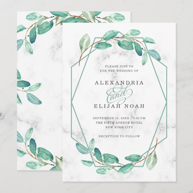 Invitation Eucalyptus vert et marbre | Mariage (Devant / Derrière)