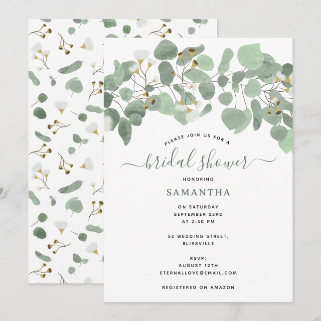 Invitation Eucalyptus Vert Fête des mariées Dollar Argent (Devant / Derrière)