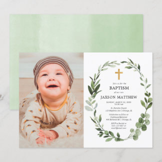 Invitation Eucalyptus vert feuilles simple baptême photo